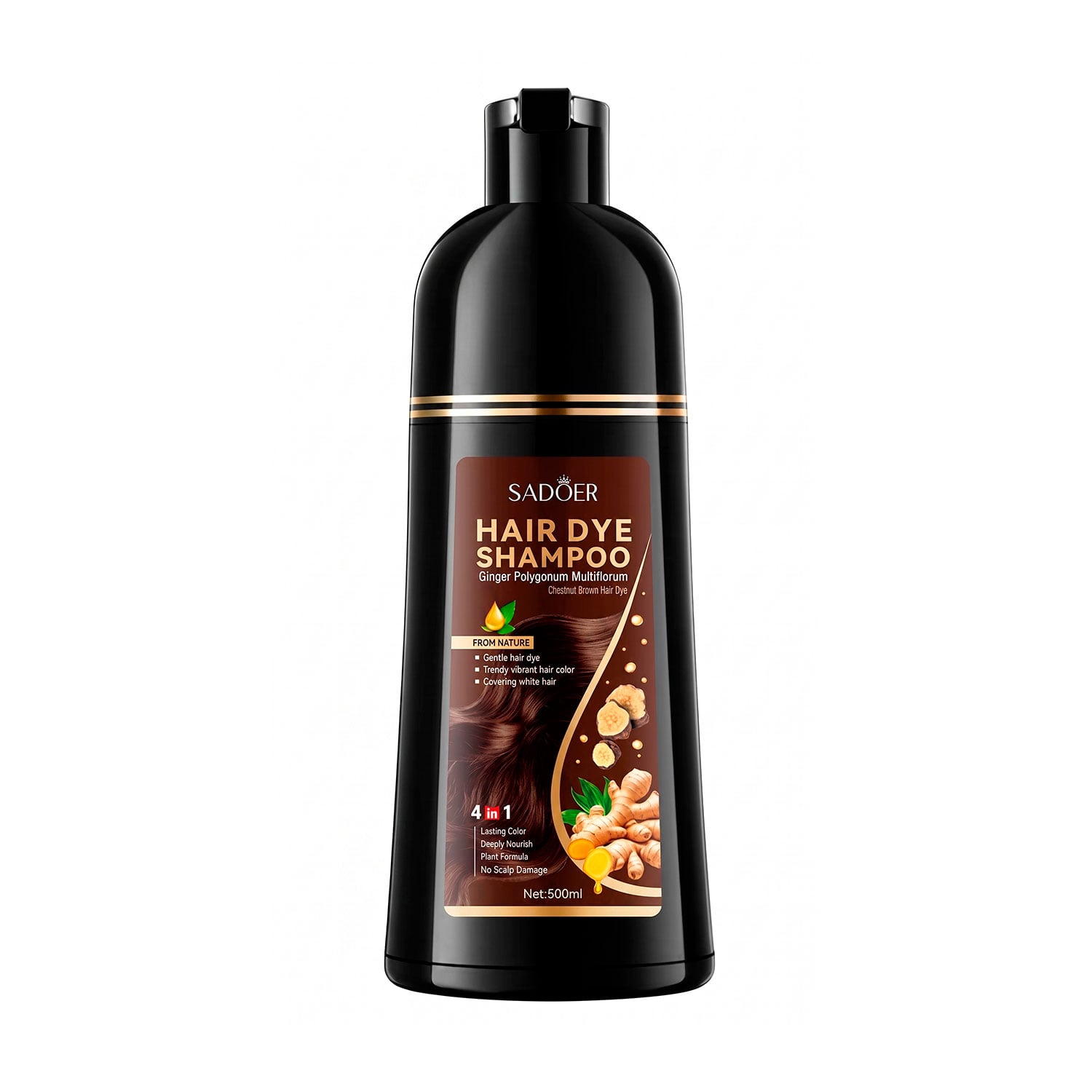 Фарбувальний шампунь для волосся Sadoer Ginger Polygonum Multiflorum Hair Dye Shampoo, Chestnut Brown, 500 мл